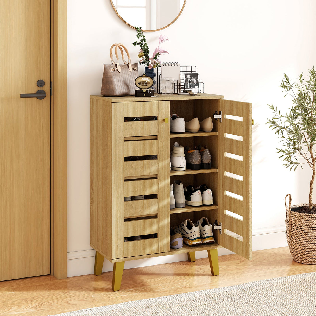 Zapatero moderno de madera de 4 niveles con puertas y estantes extraíbles - Roble