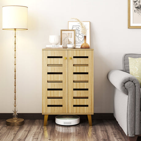 Zapatero moderno de madera de 4 niveles con puertas y estantes extraíbles - Roble