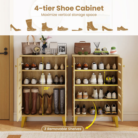 Zapatero moderno de madera de 4 niveles con puertas y estantes extraíbles - Roble