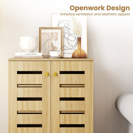 Zapatero moderno de madera de 4 niveles con puertas y estantes extraíbles - Roble