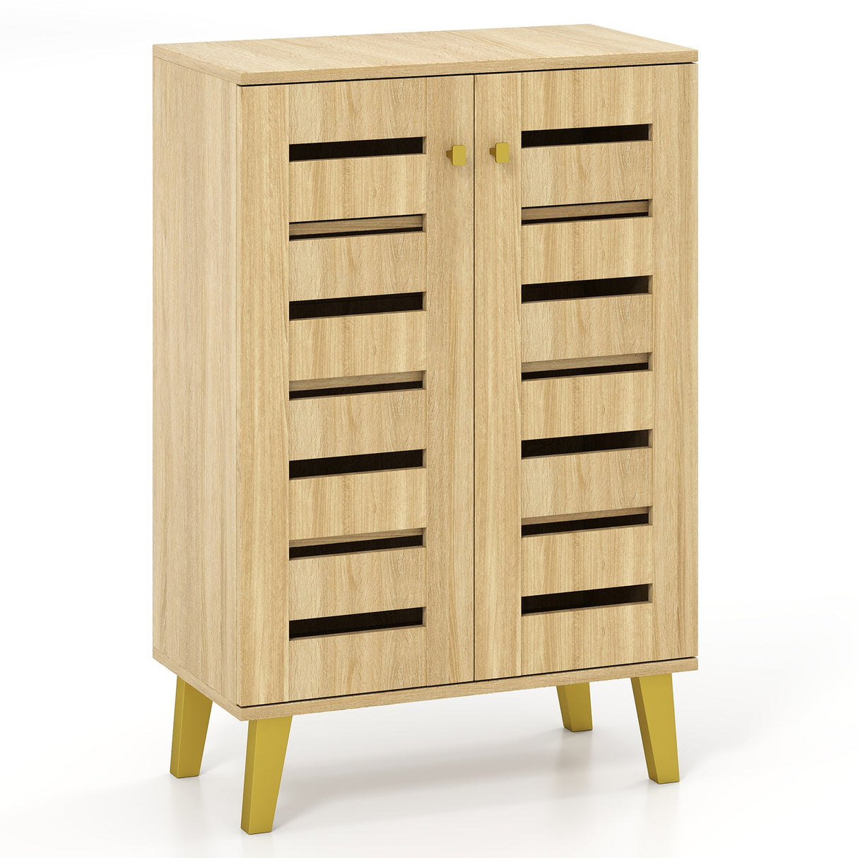 Zapatero moderno de madera de 4 niveles con puertas y estantes extraíbles - Roble