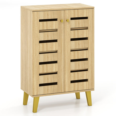 Zapatero moderno de madera de 4 niveles con puertas y estantes extraíbles - Roble