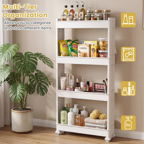 Carrito de almacenamiento delgado multifuncional de 4 niveles con bandejas desmontables - Blanco