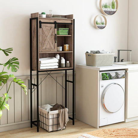 Gabinete de almacenamiento de inodoro multifuncional de 4 niveles con estante ajustable y puerta corrediza estilo granero