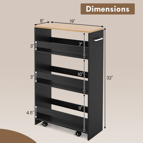 Carrito de almacenamiento rodante de 4 niveles Carrito de cocina delgado con ruedas con estantes abiertos y asa