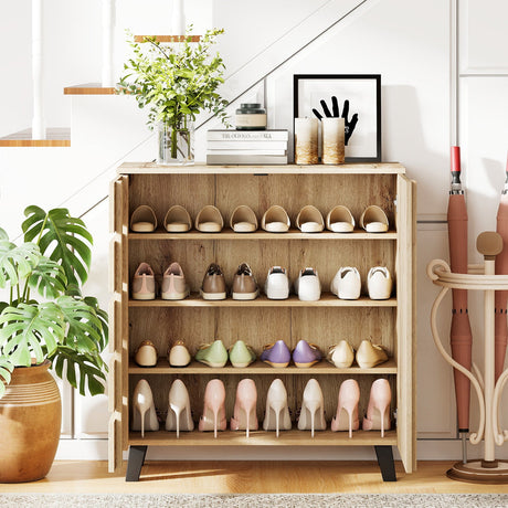 Zapatero de 4 niveles, organizador de almacenamiento de 2 puertas con puerta persiana - Natural