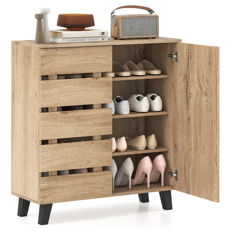 Zapatero de 4 niveles, organizador de almacenamiento de 2 puertas con puerta persiana - Natural
