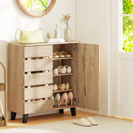 Zapatero de 4 niveles, organizador de almacenamiento de 2 puertas con puerta persiana - Natural