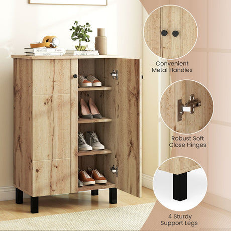Organizador de Zapatos de 4 Niveles con Estantes Removibles y 2 Puertas - Natural