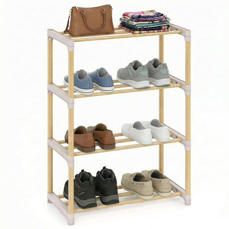 Zapatero de Madera Maciza de 4 Niveles con Estantes Abiertos con Lamas-Gris