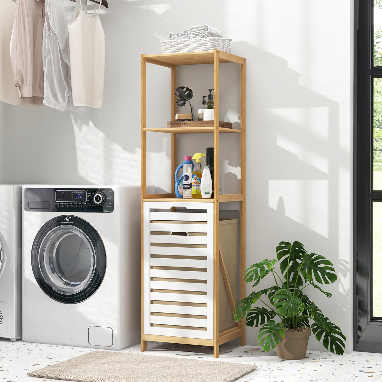 3-Tier Tilt-Out Laundry Hamper with Storage Shelves for Laundry Room-Natural and White