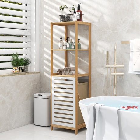 Cesto de ropa sucia inclinable de 3 niveles con estantes de almacenamiento para lavadero - Natural y blanco