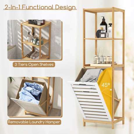 Cesto de ropa sucia inclinable de 3 niveles con estantes de almacenamiento para lavadero - Natural y blanco