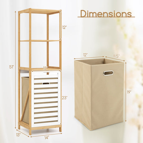 Cesto de ropa sucia inclinable de 3 niveles con estantes de almacenamiento para lavadero - Natural y blanco