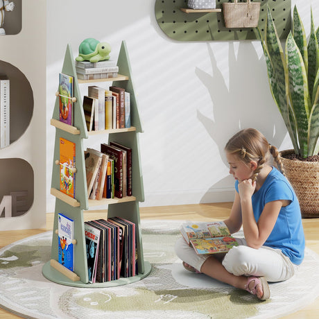 Estantería giratoria de 4 niveles para niños, con forma de árbol, expositor de 360°, organizador de almacenamiento - Verde