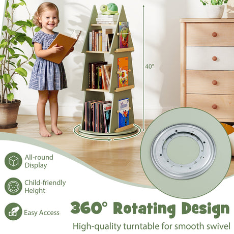 Estantería giratoria de 4 niveles para niños, con forma de árbol, expositor de 360°, organizador de almacenamiento - Verde