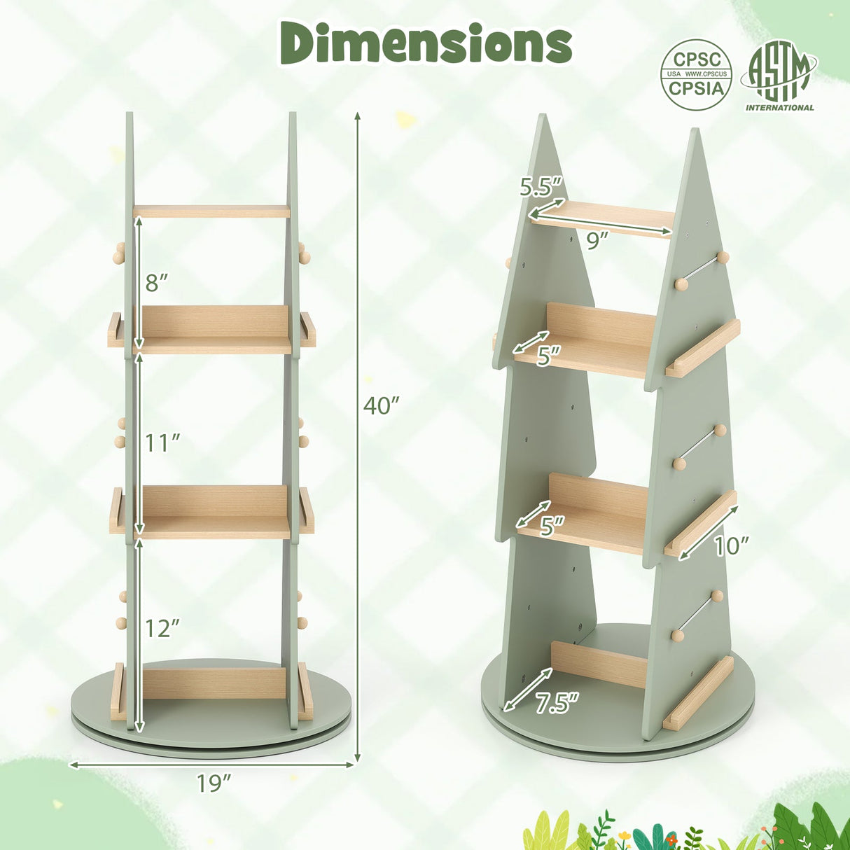Estantería giratoria de 4 niveles para niños, con forma de árbol, expositor de 360°, organizador de almacenamiento - Verde