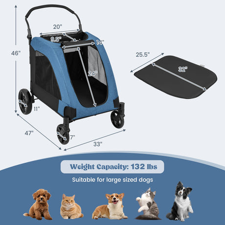 Cochecito para perros extra grande de 4 ruedas, cochecito plegable para mascotas con doble entrada