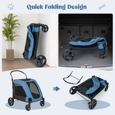 Cochecito para perros extra grande de 4 ruedas, cochecito plegable para mascotas con doble entrada
