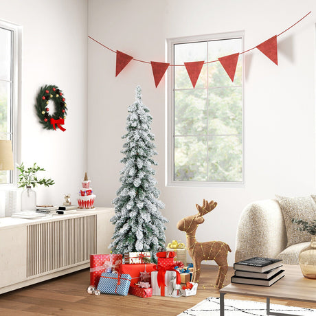 Árbol de Navidad artificial preiluminado de 1,2/1,5/1,8 metros con nieve y forma de lápiz estrecho para decoración navideña - 1,5 m