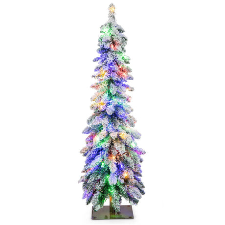 Árbol de Navidad artificial preiluminado de 1,2/1,5/1,8 metros con nieve y forma de lápiz estrecho para decoración navideña - 1,5 m