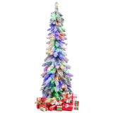4/5/6 Feet Pre-Lit Artificial Christmas Tree Snow-Flocked Slim Pencil Xmas Decor-5 ft