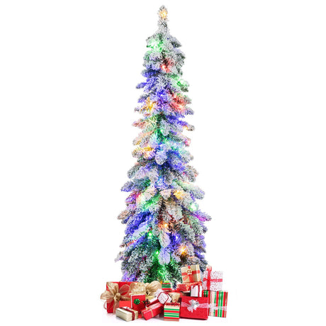 Árbol de Navidad artificial preiluminado de 1,2/1,5/1,8 metros con nieve y forma de lápiz estrecho para decoración navideña - 1,5 m