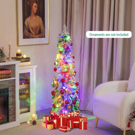 Árbol de Navidad artificial preiluminado de 1,2/1,5/1,8 metros con nieve y forma de lápiz estrecho para decoración navideña - 1,5 m