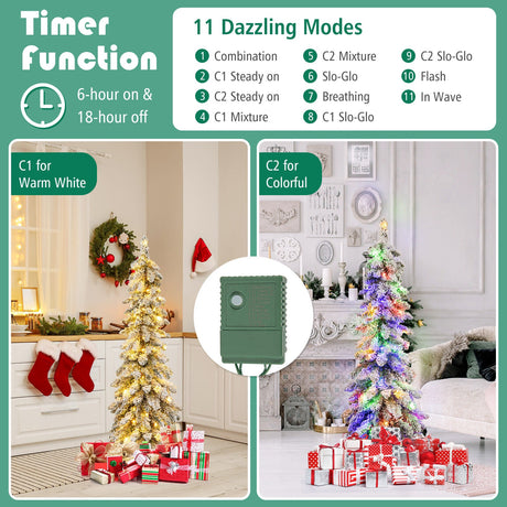 Árbol de Navidad artificial preiluminado de 1,2/1,5/1,8 metros con nieve y forma de lápiz estrecho para decoración navideña - 1,5 m