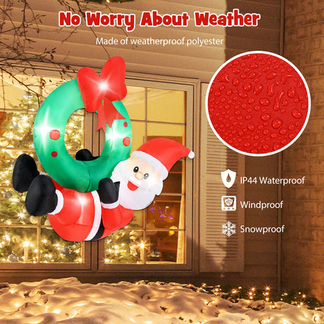 Guirnalda inflable de Papá Noel de 4 pies con lazo rojo y 5 luces LED