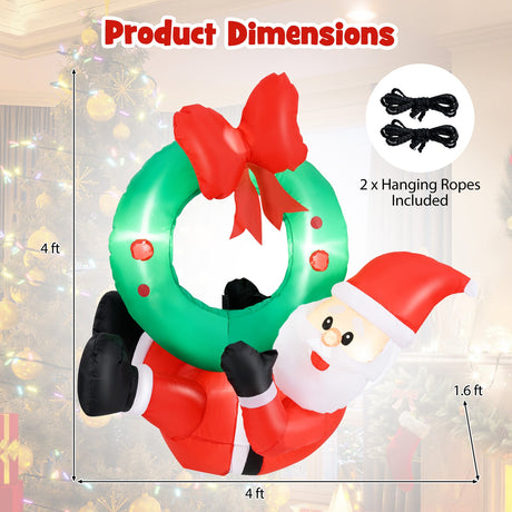Guirnalda inflable de Papá Noel de 4 pies con lazo rojo y 5 luces LED