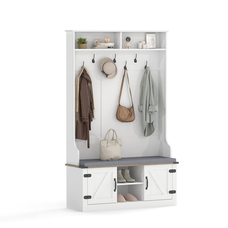 Perchero 4 en 1 de 174 cm de alto con banco acolchado y zapatero - Blanco