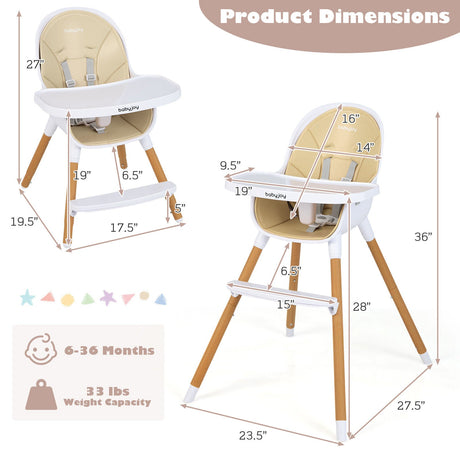 Silla alta convertible 4 en 1 para bebés, silla de alimentación infantil con bandeja ajustable