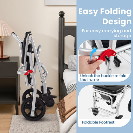 Silla Inodoro Plegable 4 en 1 con Frenos, Cubeta y Reposapiés