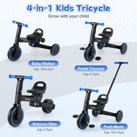 Triciclo plegable 4 en 1 para niños pequeños con manija de empuje y asiento ajustable
