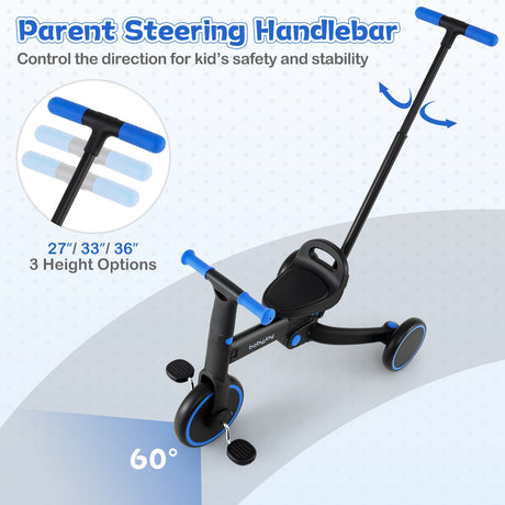 Triciclo plegable 4 en 1 para niños pequeños con manija de empuje y asiento ajustable