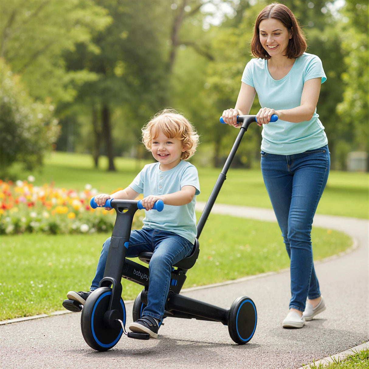 Triciclo plegable 4 en 1 para niños pequeños con manija de empuje y asiento ajustable
