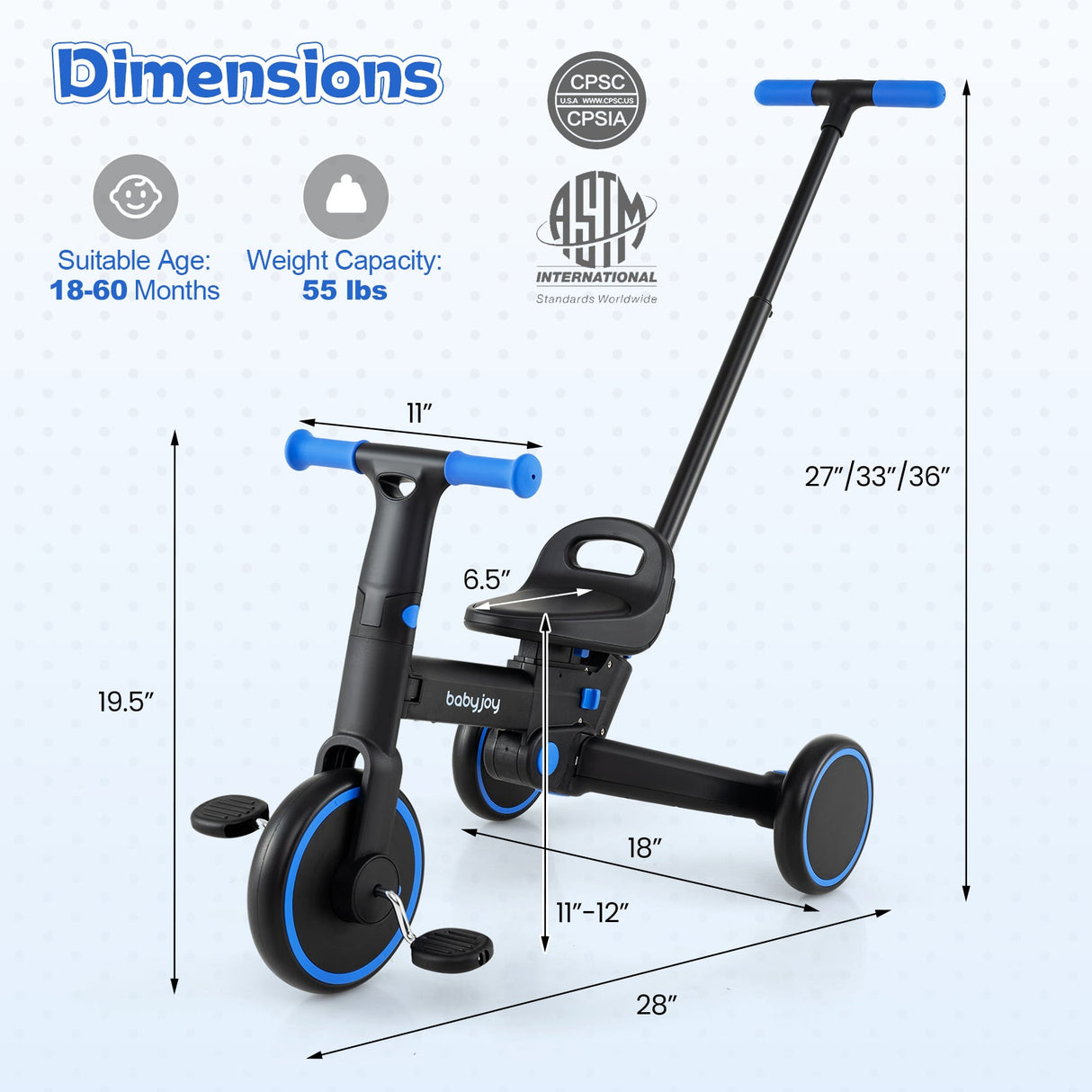 Triciclo plegable 4 en 1 para niños pequeños con manija de empuje y asiento ajustable