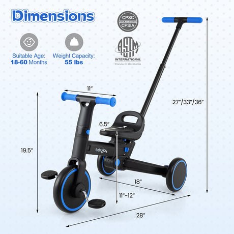 Triciclo plegable 4 en 1 para niños pequeños con manija de empuje y asiento ajustable
