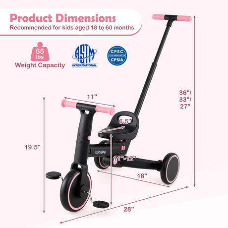 Triciclo plegable 4 en 1 para niños pequeños con manija de empuje y asiento ajustable