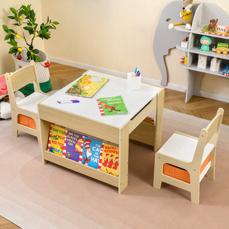 Mesa y Sillas para Niños 4 en 1 con Tablero Reversible para Garabatos y Bloques de Construcción