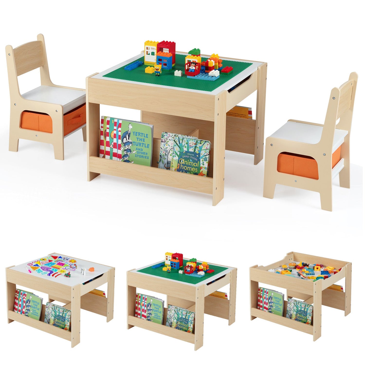 Mesa y Sillas para Niños 4 en 1 con Tablero Reversible para Garabatos y Bloques de Construcción