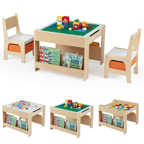 Mesa y Sillas para Niños 4 en 1 con Tablero Reversible para Garabatos y Bloques de Construcción