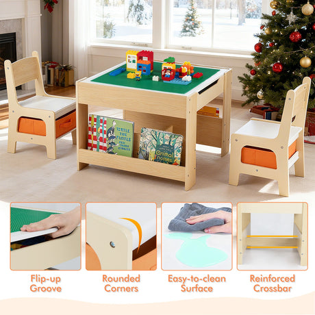 Mesa y Sillas para Niños 4 en 1 con Tablero Reversible para Garabatos y Bloques de Construcción