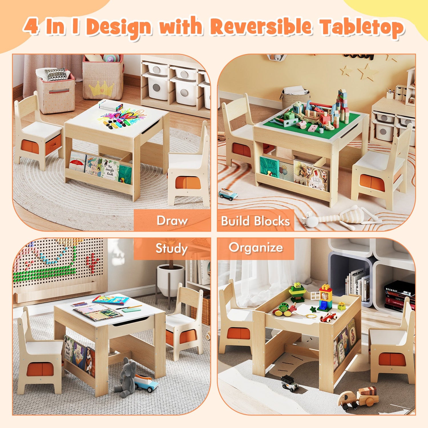 Mesa y Sillas para Niños 4 en 1 con Tablero Reversible para Garabatos y Bloques de Construcción