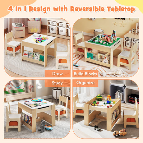 Mesa y Sillas para Niños 4 en 1 con Tablero Reversible para Garabatos y Bloques de Construcción