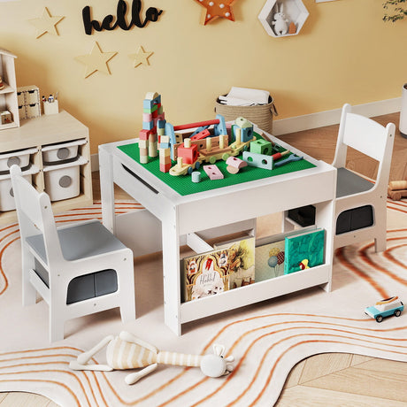 Mesa y Sillas para Niños 4 en 1 con Tablero Reversible para Garabatos y Bloques de Construcción