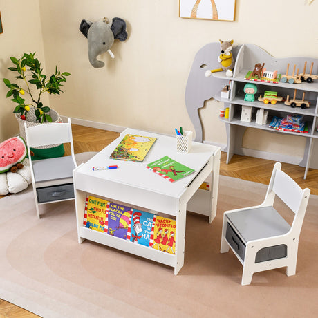 Mesa y Sillas para Niños 4 en 1 con Tablero Reversible para Garabatos y Bloques de Construcción