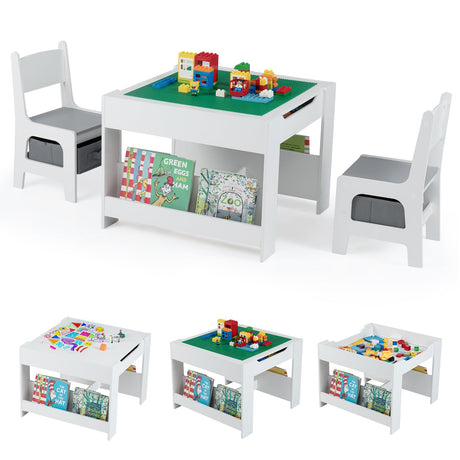 Mesa y Sillas para Niños 4 en 1 con Tablero Reversible para Garabatos y Bloques de Construcción