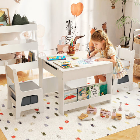Mesa y Sillas para Niños 4 en 1 con Tablero Reversible para Garabatos y Bloques de Construcción